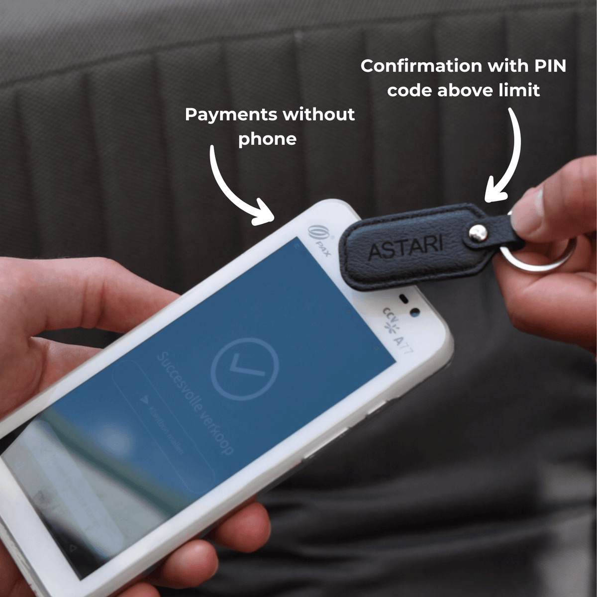 Person using Astari contactless payment keychain for payments without a phone, showing PIN confirmation for secure transactions.