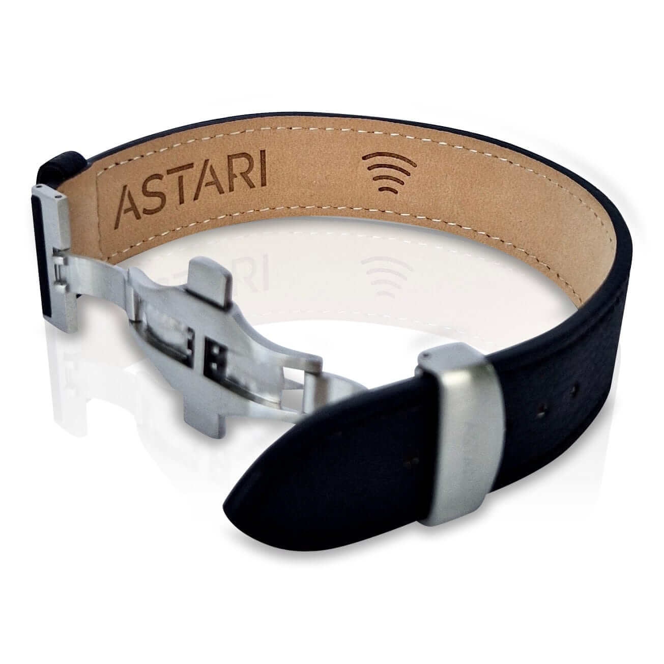 Astari x Bybit Card Payment Bracelet in black apple leather with butterfly clasp for contactless payments.