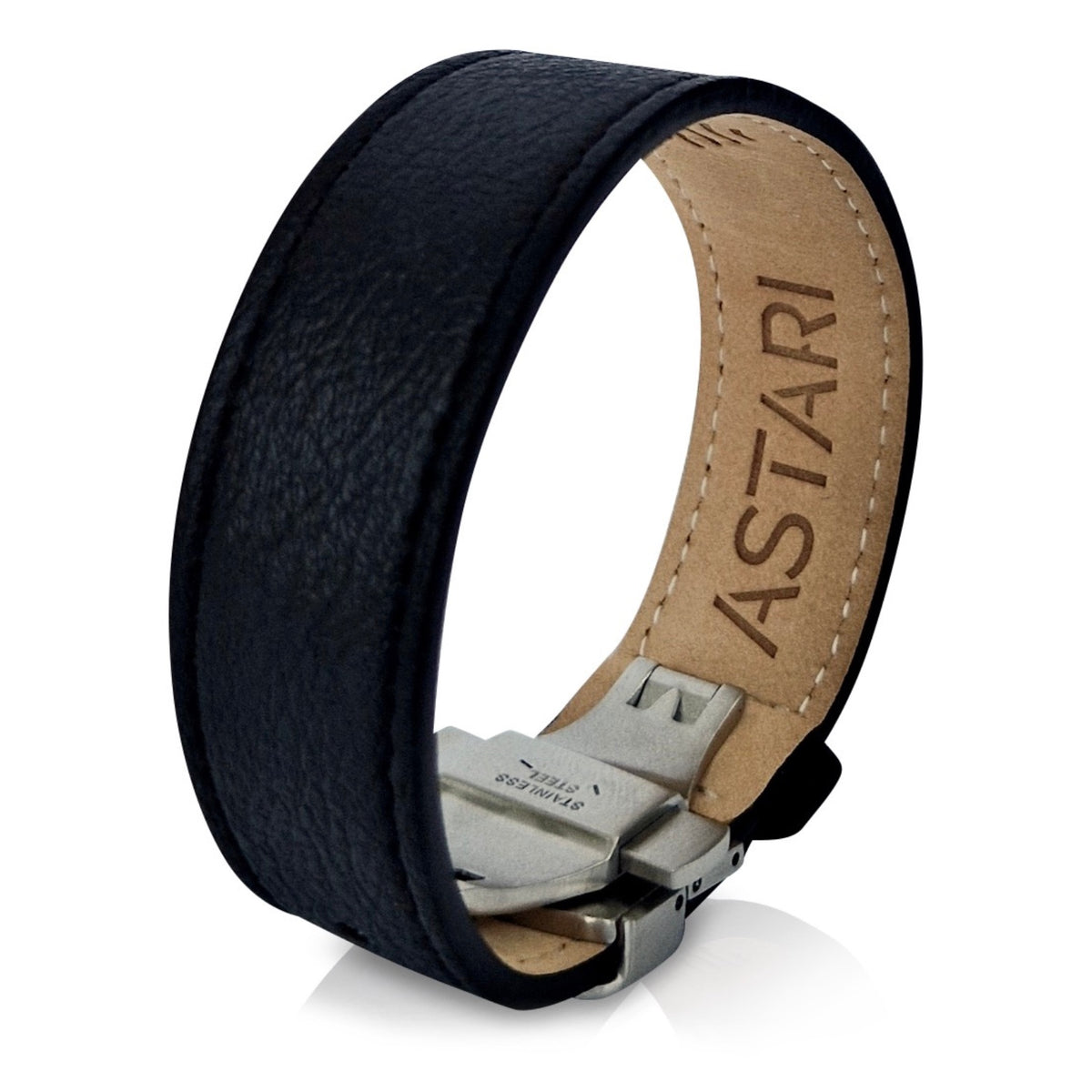 Astari adjustable contactless payment bracelet in black apple leather with butterfly clasp.