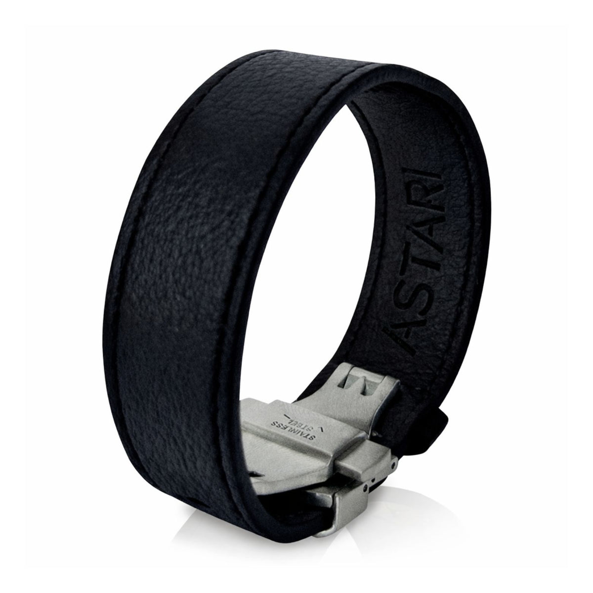 Astari adjustable contactless payment bracelet in black apple leather with butterfly clasp.