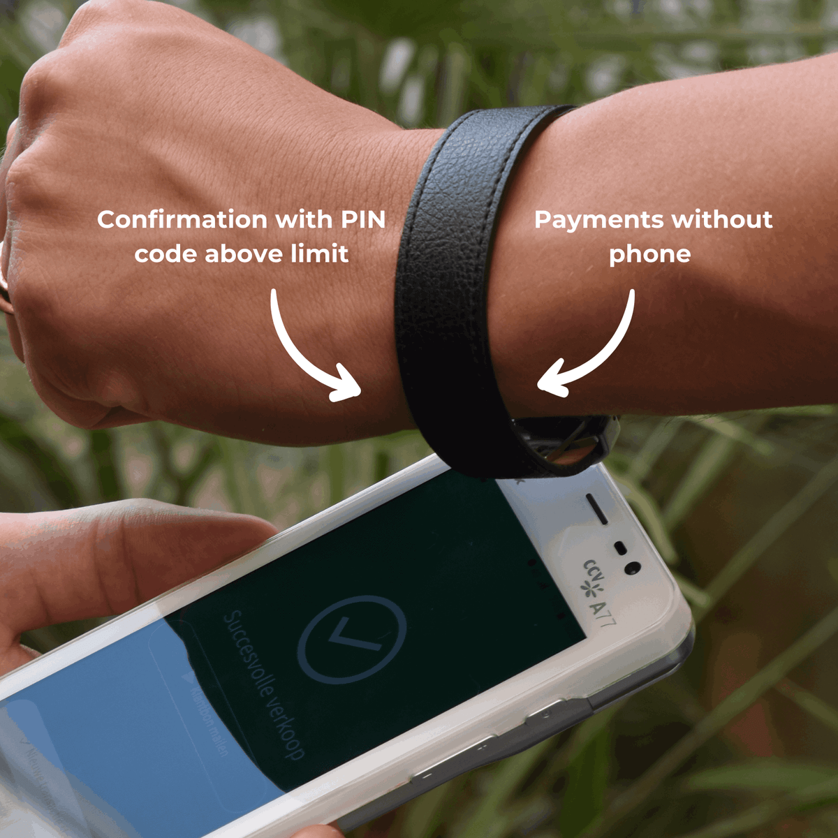 Person using Astari contactless payment bracelet for payments without a phone, showing PIN confirmation for secure transactions.