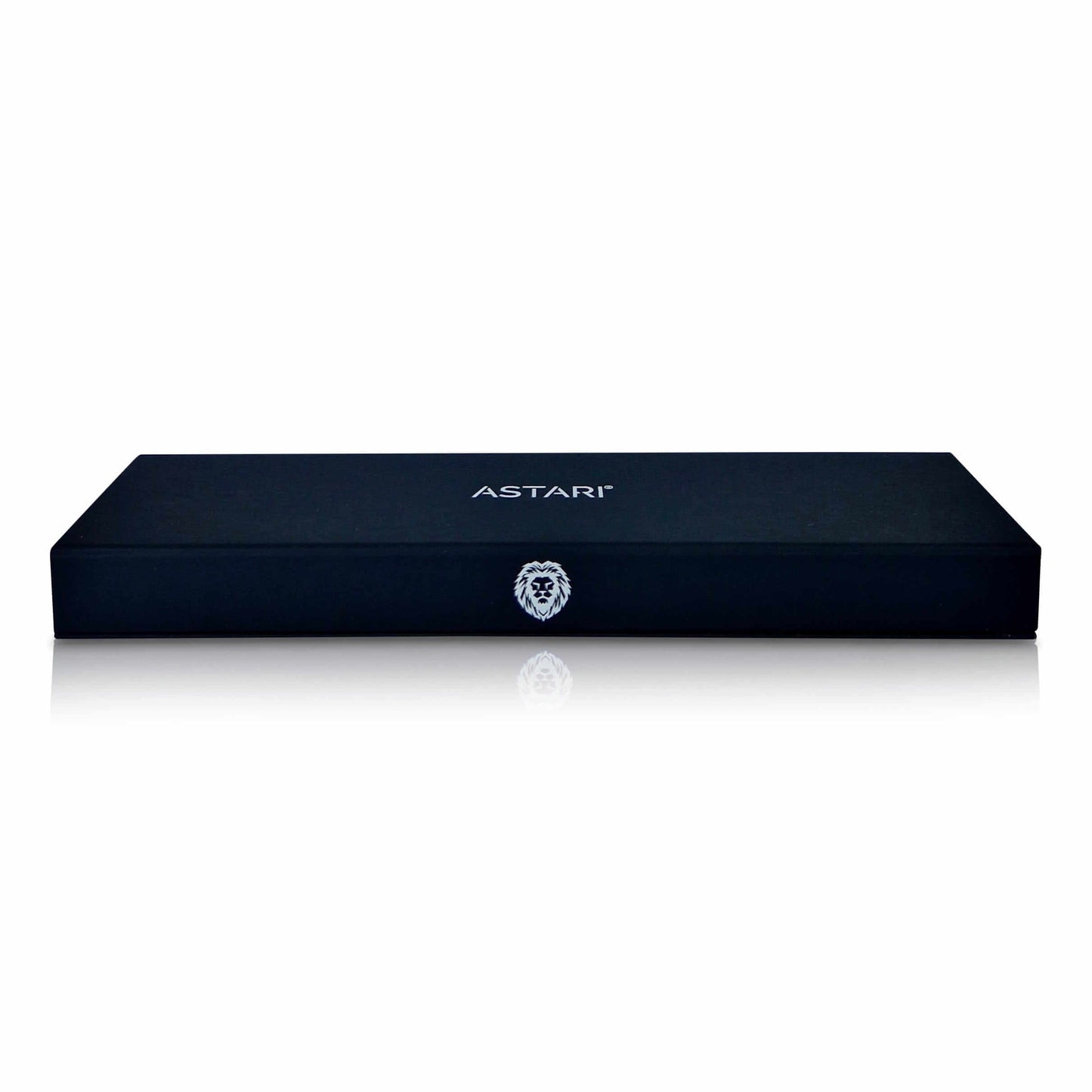Astari branded black jewelry box with a lion emblem, designed for packaging payment wearable products.