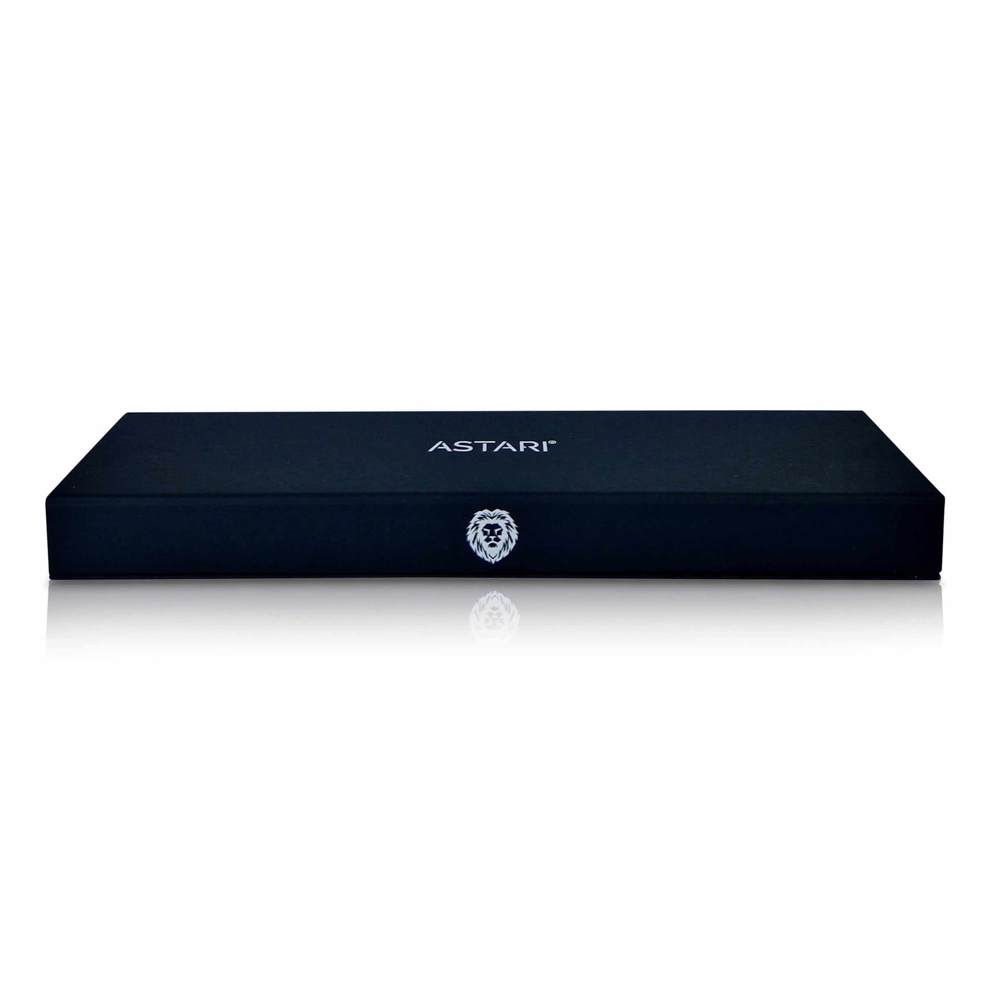 Astari branded black jewelry box with a lion emblem, designed for packaging payment wearable products.