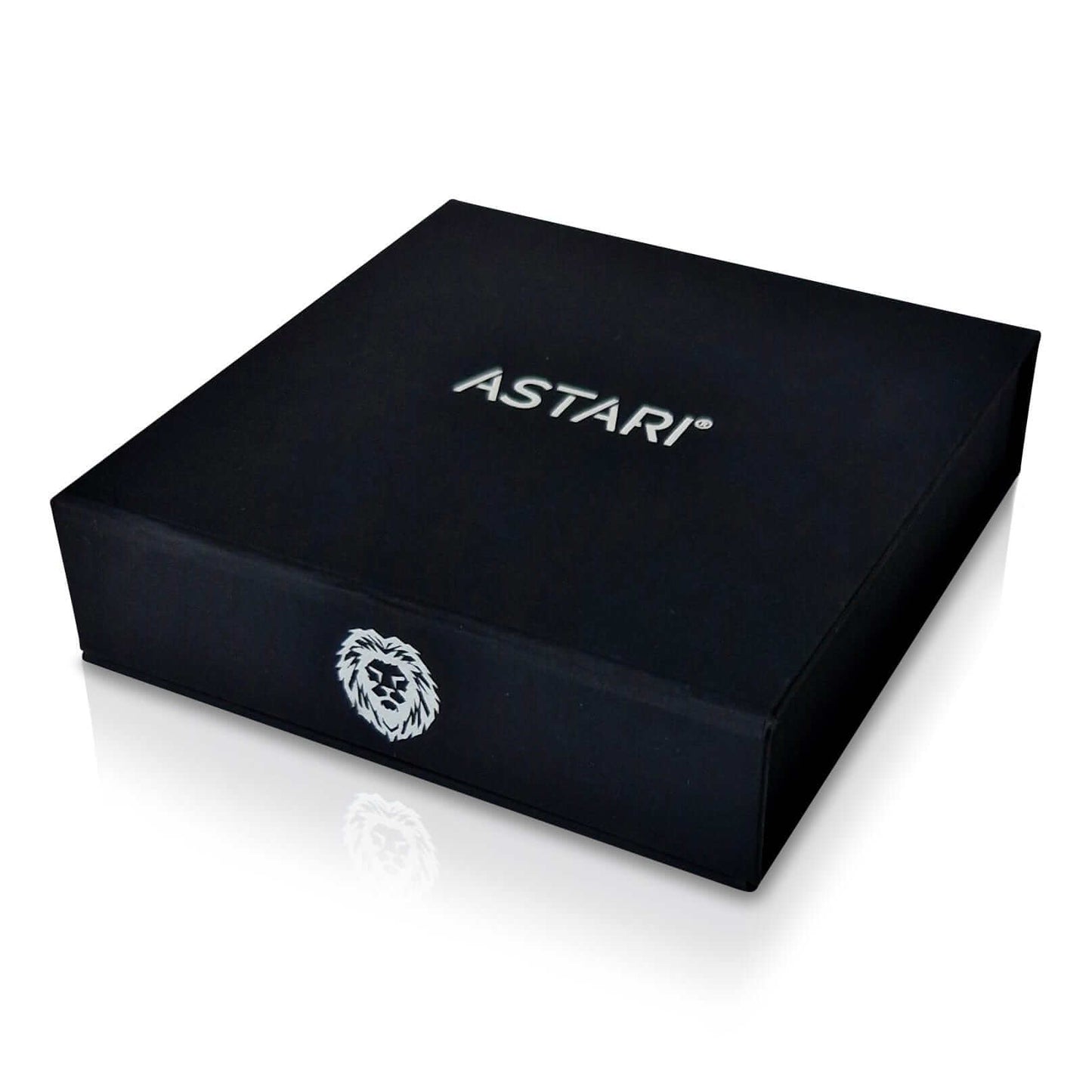 Astari black packaging box featuring lion logo, ideal for Contactless Payment Rings.