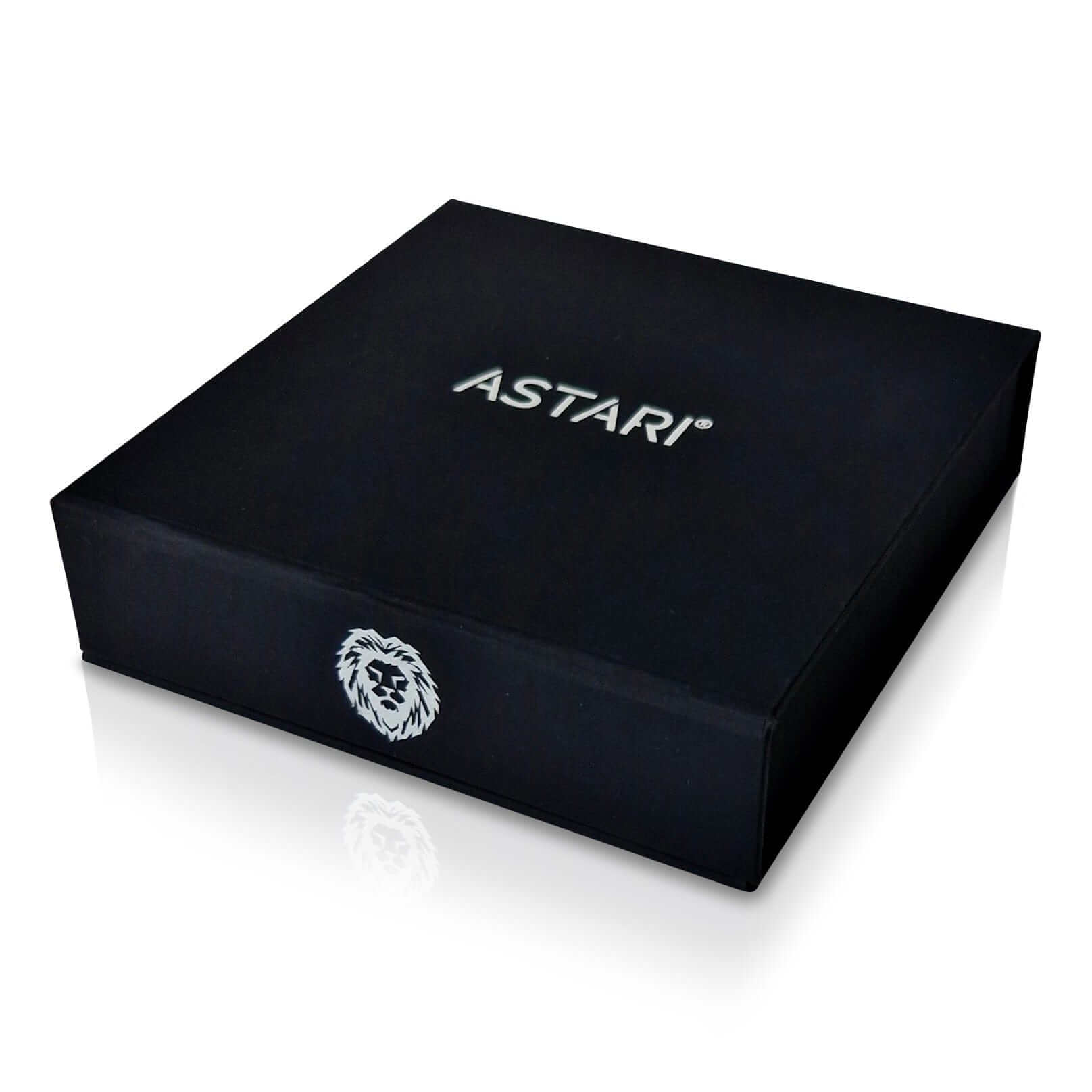Astari black packaging box featuring lion logo, ideal for Contactless Payment Rings.