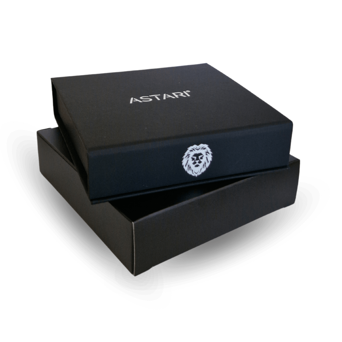 Astari luxury packaging for contactless payment wearables, featuring a black box with a lion logo.