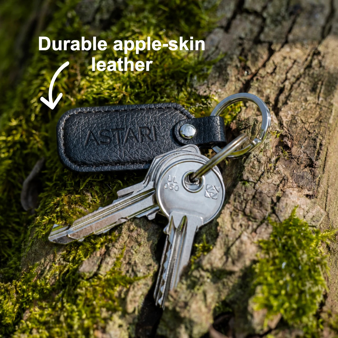 Black Achilles payment keychain made from durable apple-skin leather