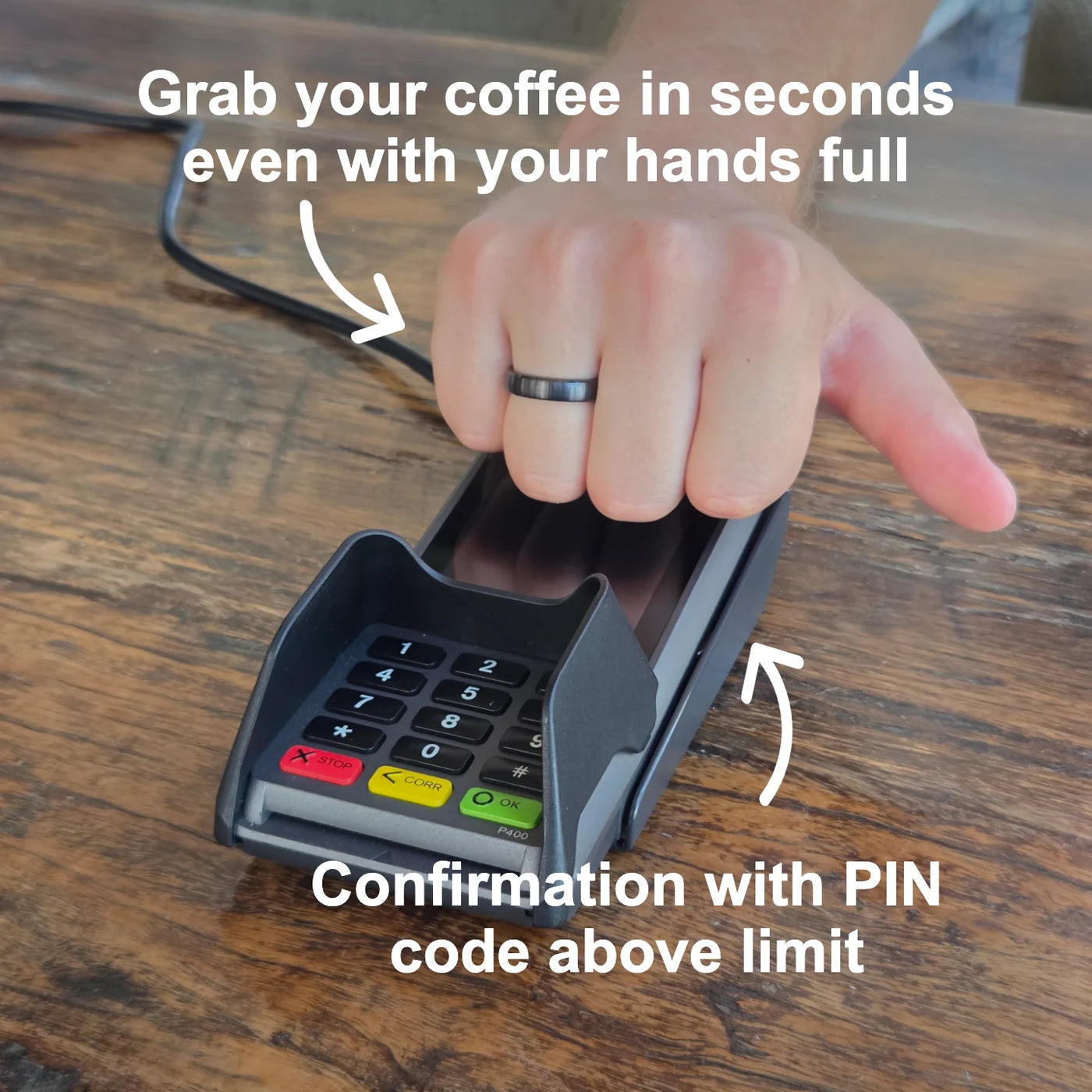 Black Atlantis payment ring used for a contactless coffee payment