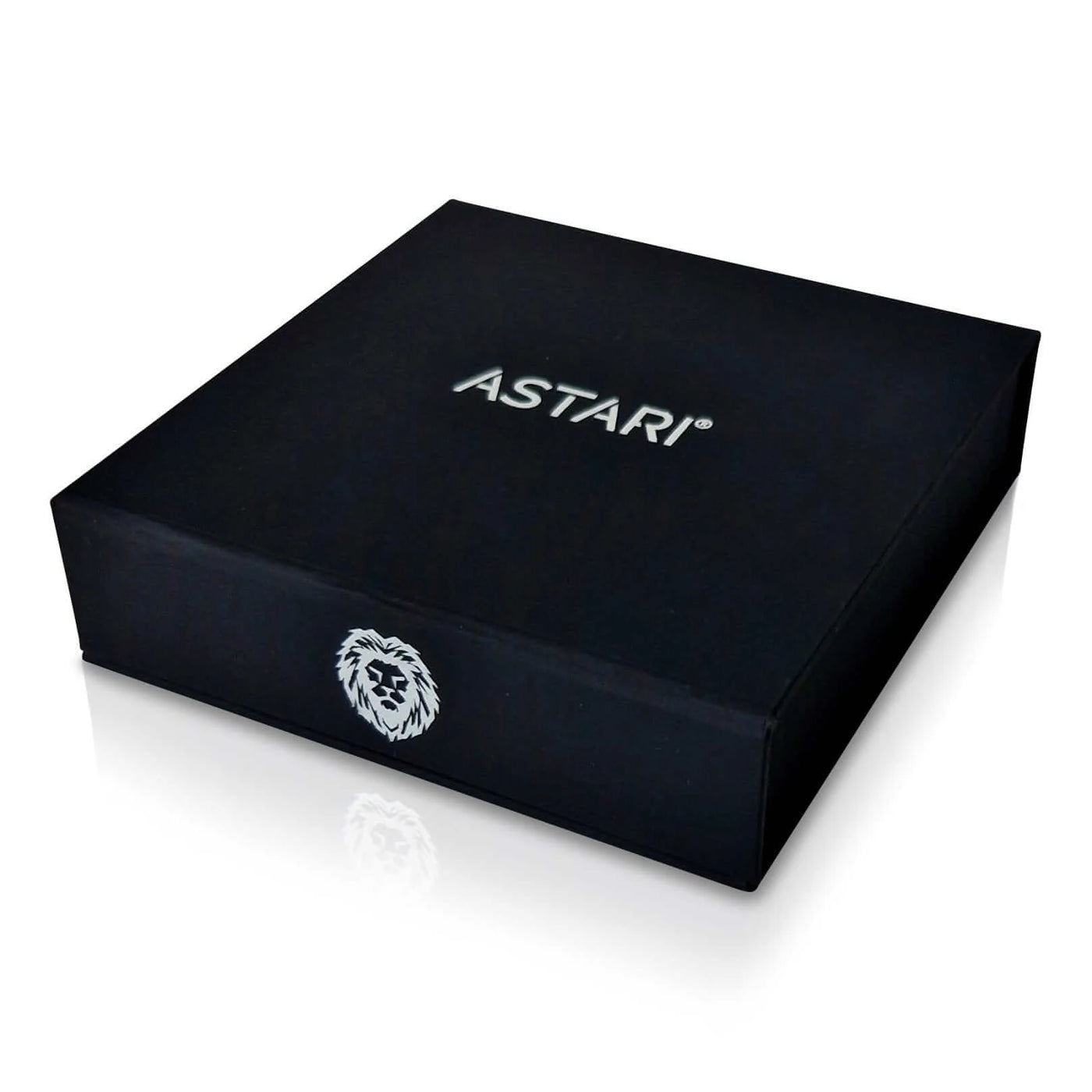 Astari black packaging box featuring lion logo, ideal for Contactless Payment Rings.