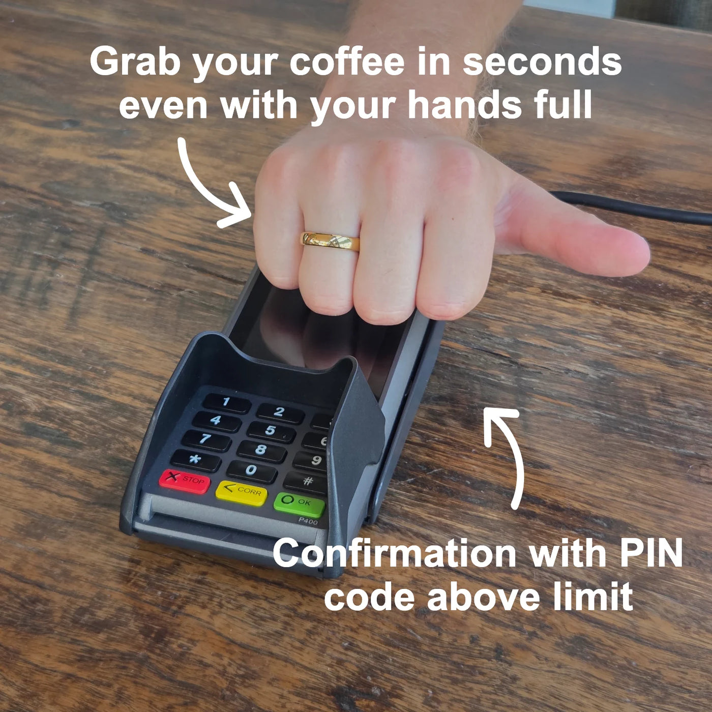 Gold Atlantis payment ring used for a contactless coffee payment