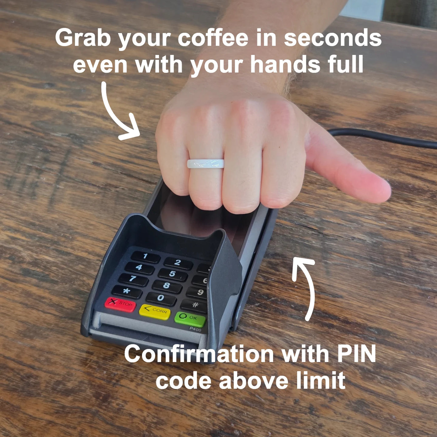 White Atlantis payment ring used for a contactless coffee payment