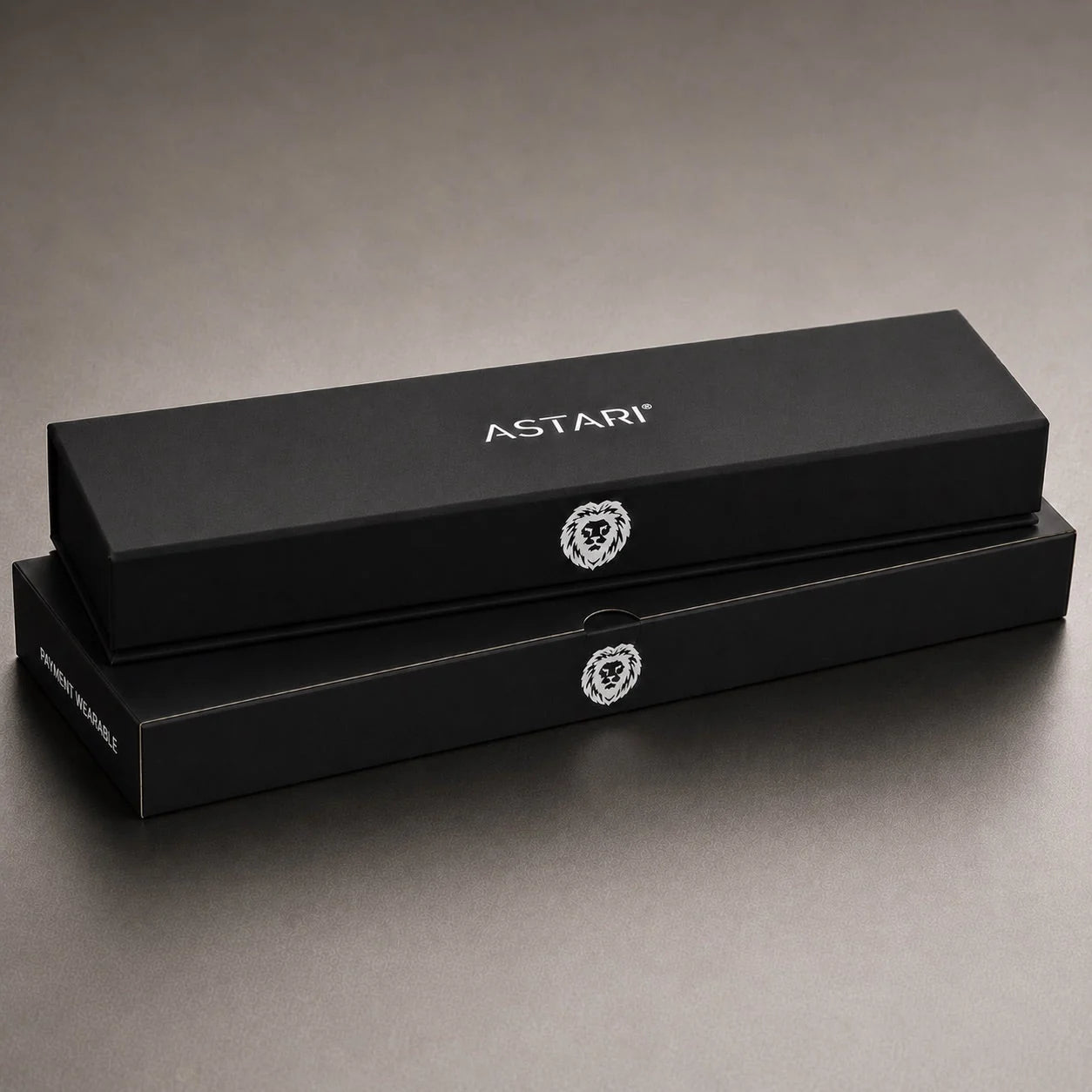 Astari branded black jewelry box with a lion emblem, designed for packaging payment wearable products.