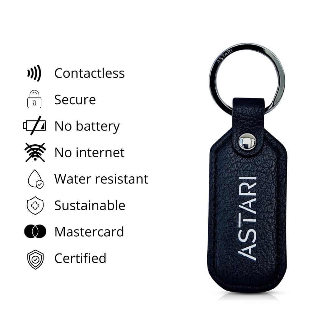 Secure sustainable contactless Astari payment keychain with features including no battery, no internet, water-resistant, and Mastercard certified.