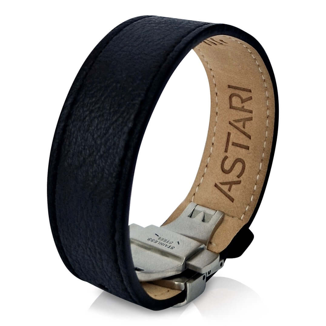 Astari x Bybit adjustable contactless payment wearable bracelet in black apple leather with butterfly clasp.