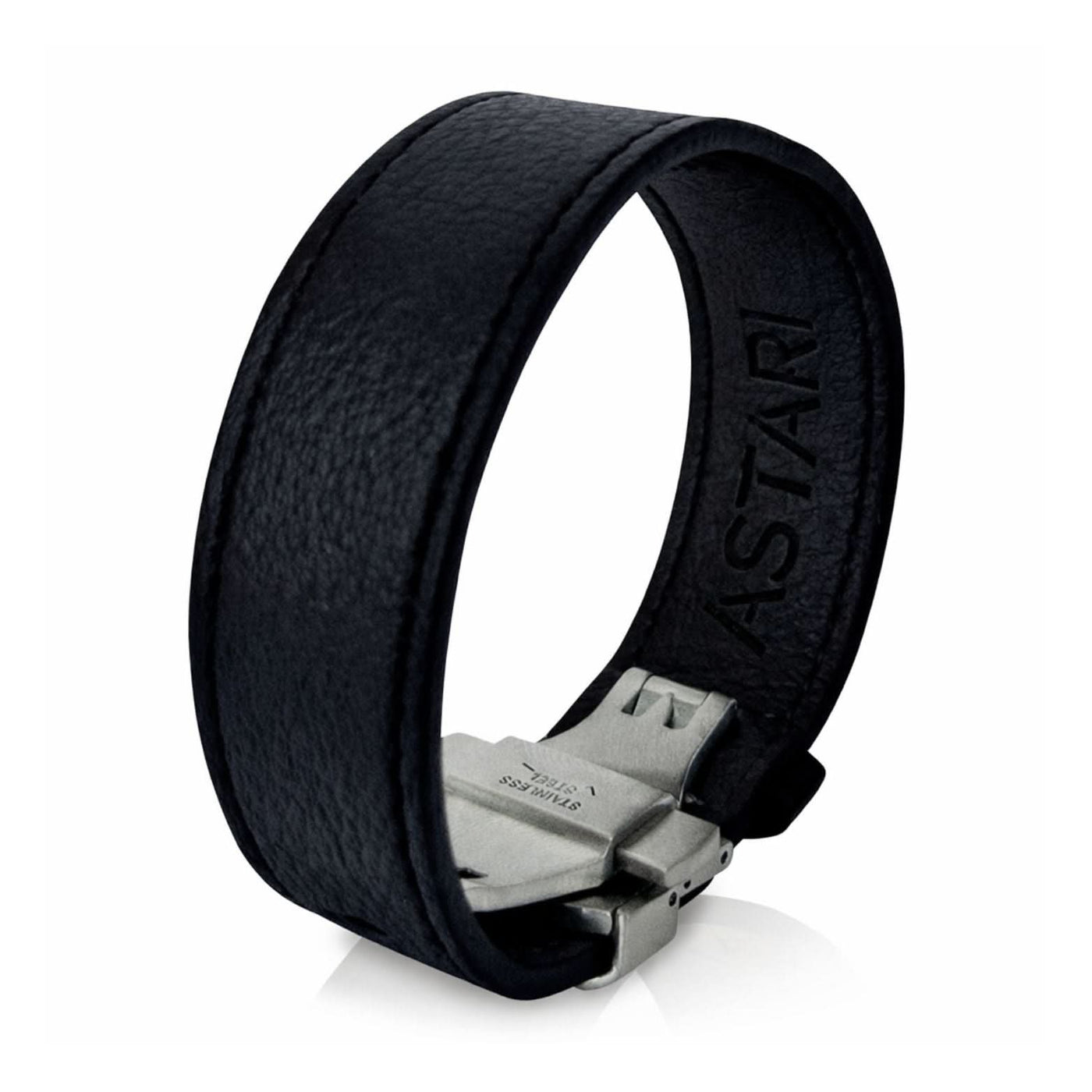 Astari adjustable contactless payment bracelet in black apple leather with butterfly clasp.