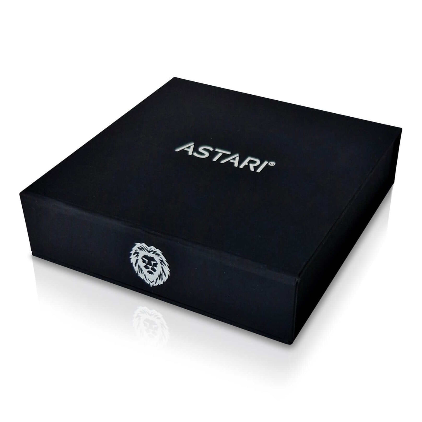 Schwarze Astari-Verpackungsbox mit Löwenlogo, ideal für kontaktlose Zahlungsringe.