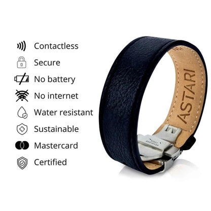 Astari Falcon sustainable payment bracelet with features like contactless, secure, water-resistant, no battery or internet, and Mastercard certified