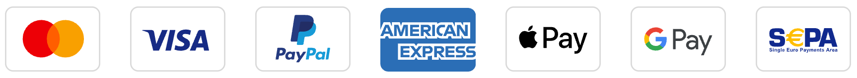 Accepted payment methods: Mastercard, Visa, PayPal, American Express, Apple Pay, and Google Pay