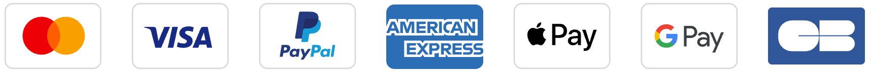 Accepted payment methods: Mastercard, Visa, PayPal, American Express, Apple Pay, and Google Pay