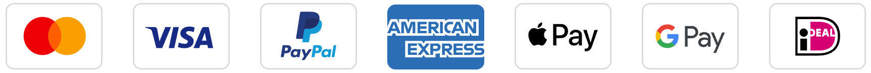 Accepted payment methods: Mastercard, Visa, PayPal, American Express, Apple Pay, and Google Pay