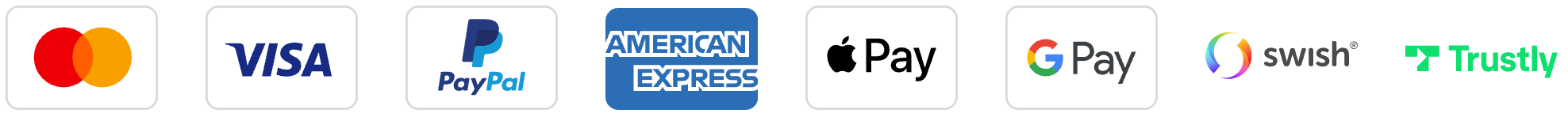 Accepted payment methods: Mastercard, Visa, PayPal, American Express, Apple Pay, and Google Pay
