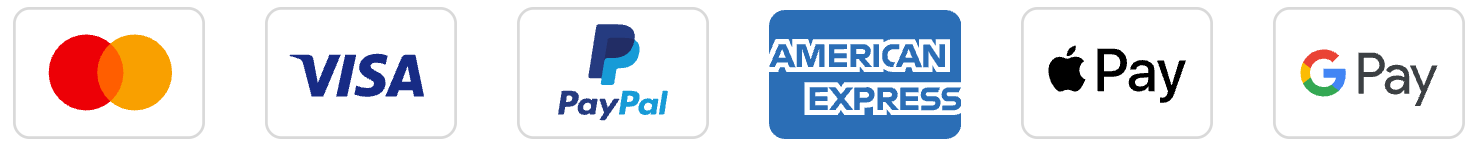Accepted payment methods: Mastercard, Visa, PayPal, American Express, Apple Pay, and Google Pay